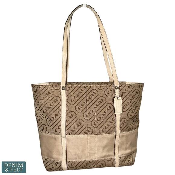 Coach Signature Canvas Tote Bag Khaki/Cream w/ Red Interior Medium Shoulder Bag - Picture 1 of 15